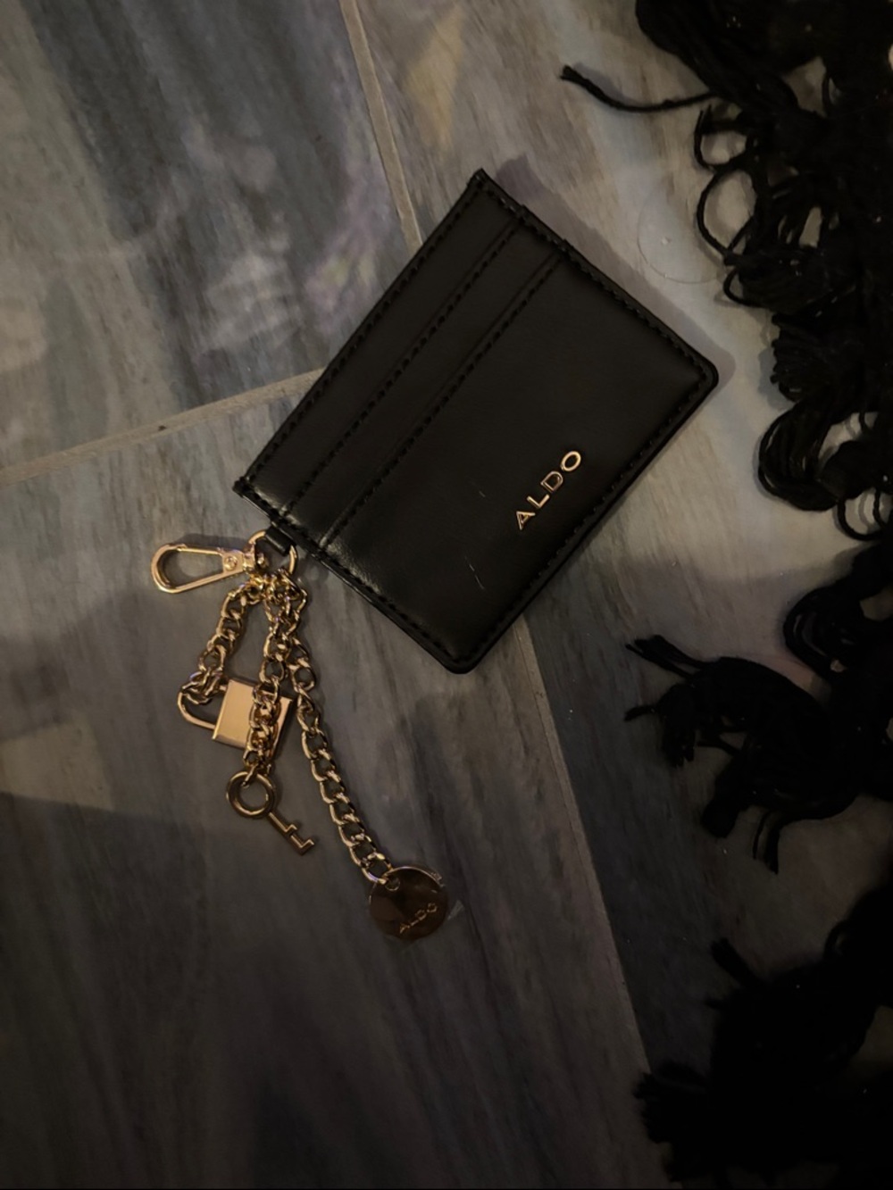 ALDO Black Card Holder with Gold Chain Key Charm